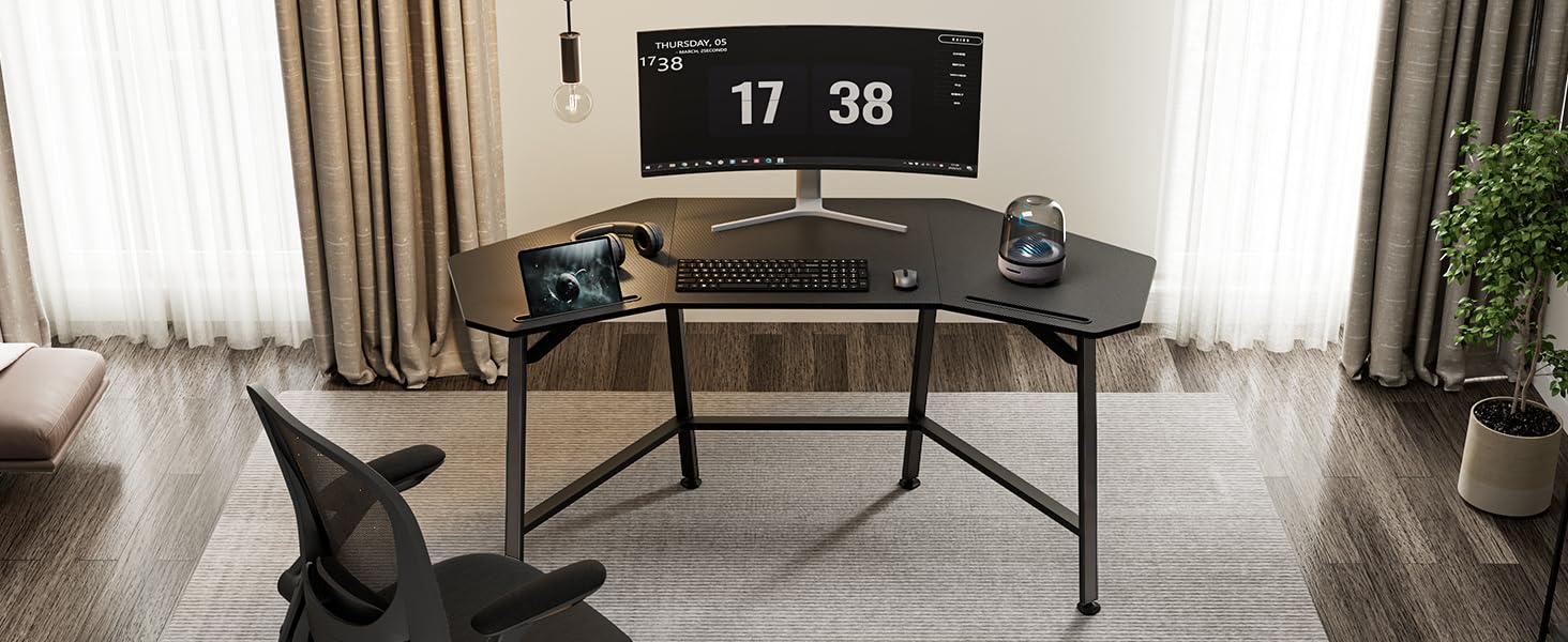 Ігровий стіл EUREKA ERGONOMIC 160x74 см - великий стіл у формі крила для ігор, ПК, дому, офісу, стрімінгу. 2 слоти для iPad. Чорний.