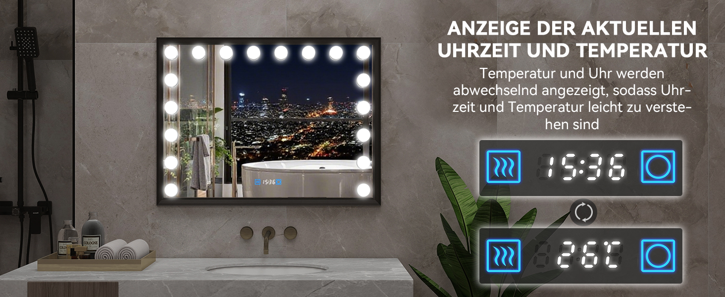 Дзеркало для ванної кімнати YOURLITE з LED-підсвічуванням 100x60 см, сенсорне управління, годинник, антизапотівання, 3 кольори світла, регулювання яскравості, функція пам'яті, білий/чорний