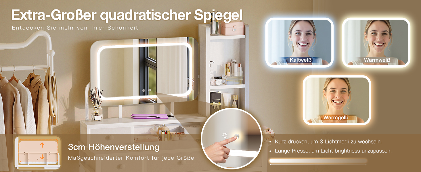 Трюмо ODK з регульованим LED-дзеркалом, туалетний столик з 4 висувними ящиками, USB-порт, білий колір, 100×40×140 см