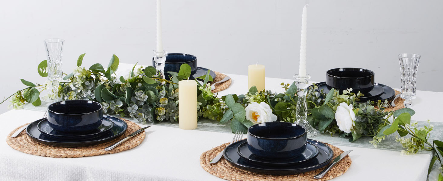 Набір посуду Joyfair на 6 осіб (18 предметів) з кераміки, блакитного кольору. Тарілки, миски, глибокі тарілки. Для мікрохвильовки та посудомийної машини.