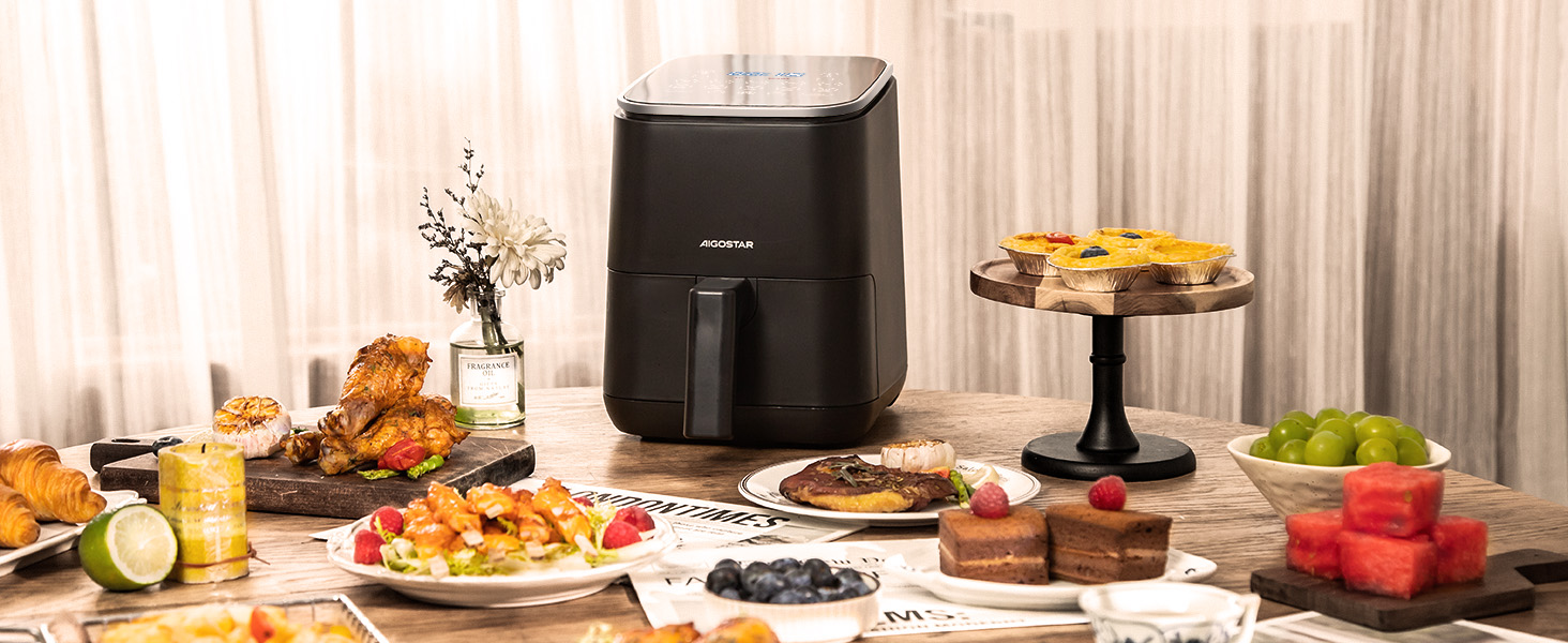 Аерофритюрниця Aigostar Dot 2Л: Airfryer з LED-сенсорним екраном, 8 програмами, 1200W, регулюванням температури та таймером, антипригарне покриття, BPA-free