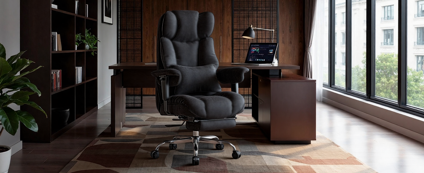 Ергономічний офісний крісло Efomao XXL до 200 кг з підставкою для ніг, чорний. Крісло для дому та офісу з товстою подушкою та високою спинкою.