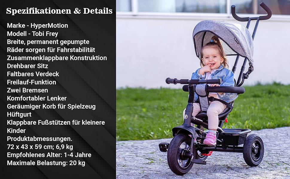 Триколісний велосипед HyperMotion з ручкою для батьків, рожевий - для дітей від 1 до 4 років (до 20 кг)