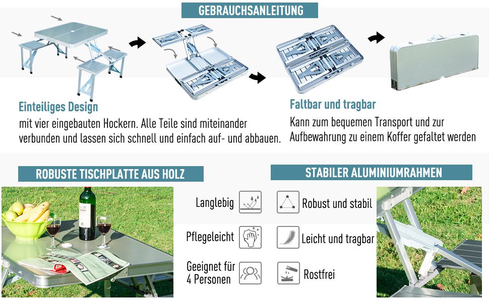 Кемпінговий стіл Розкладний стіл Стіл для пікніка Валіза для пікніка Група місць для сидіння Група розкладний стіл на 4 місця Сріблястий алюміній МДФ 136 x 85,5 x 66 см