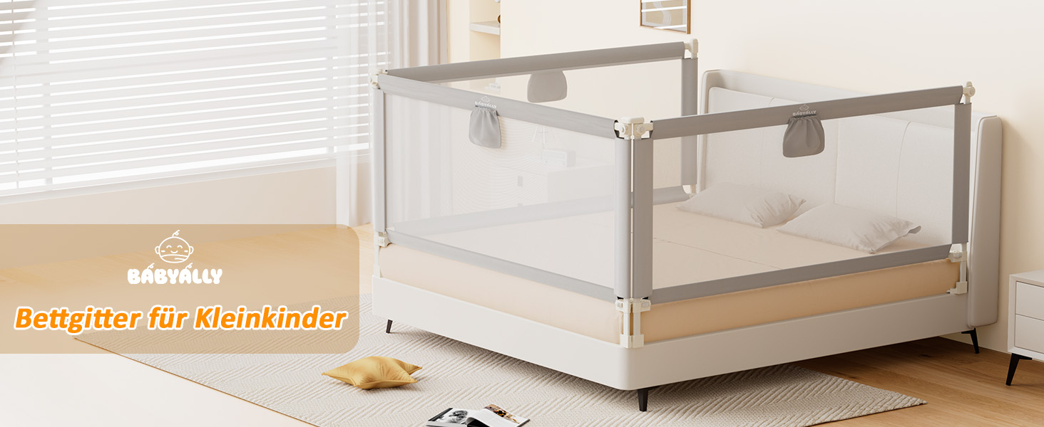 Бортики для ліжка дитячі 3 шт., захисні грати на ліжко для малюків (2x200 см + 1x180 см), сірі, складані