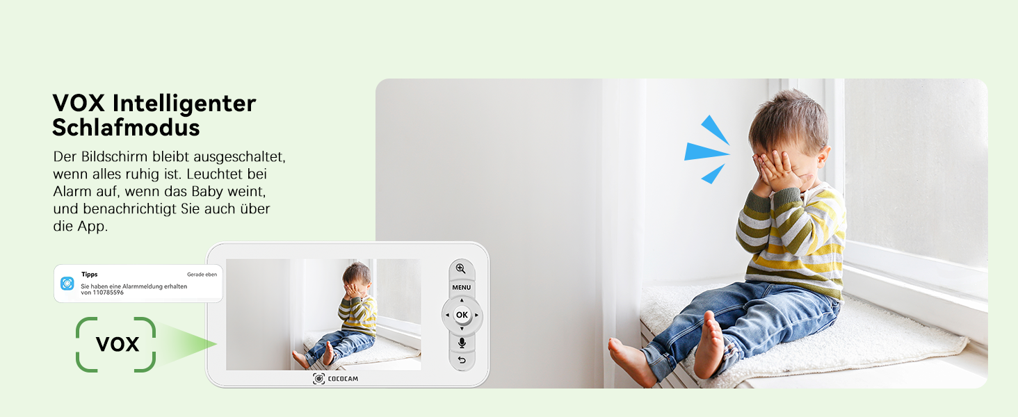 Відеоняня COCOCAM 2K 4MP з камерою та монітором 5 дюймів, Wi-Fi 2.4/5GHz, ШІ-розпізнавання, датчик перекриття обличчя та сну на животі, автотрекінг, ІК нічний зір