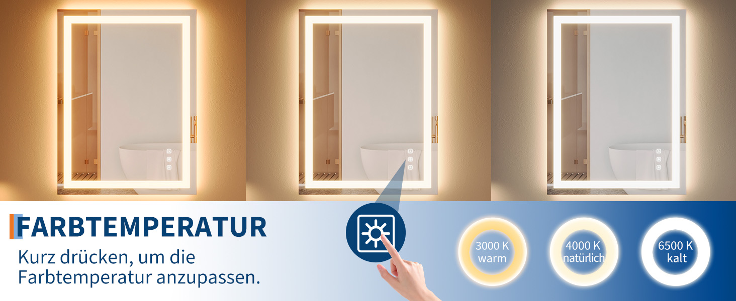 Дзеркало для ванної кімнати Porto Alegre з підсвічуванням, 60x80 см, протизапітніння, 3 кольори світла, регулювання яскравості, LED, сенсорне керування, прямокутне