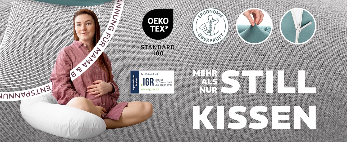 Подушка для годування та вагітності sei Design XXL (190x35 см), ергономічна подушка для сну з чохлом з органічної бавовни муслін, сріблясто-сіра