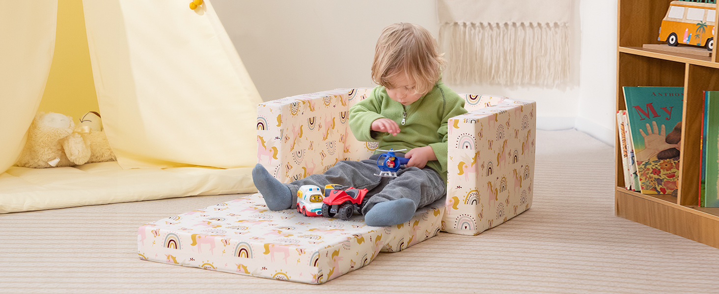 Дитяче розкладне диван-крісло BEJOY 2 в 1, Sherpa, з єдинорогом, бежевий, для дитячої кімнати, подарунок на день народження