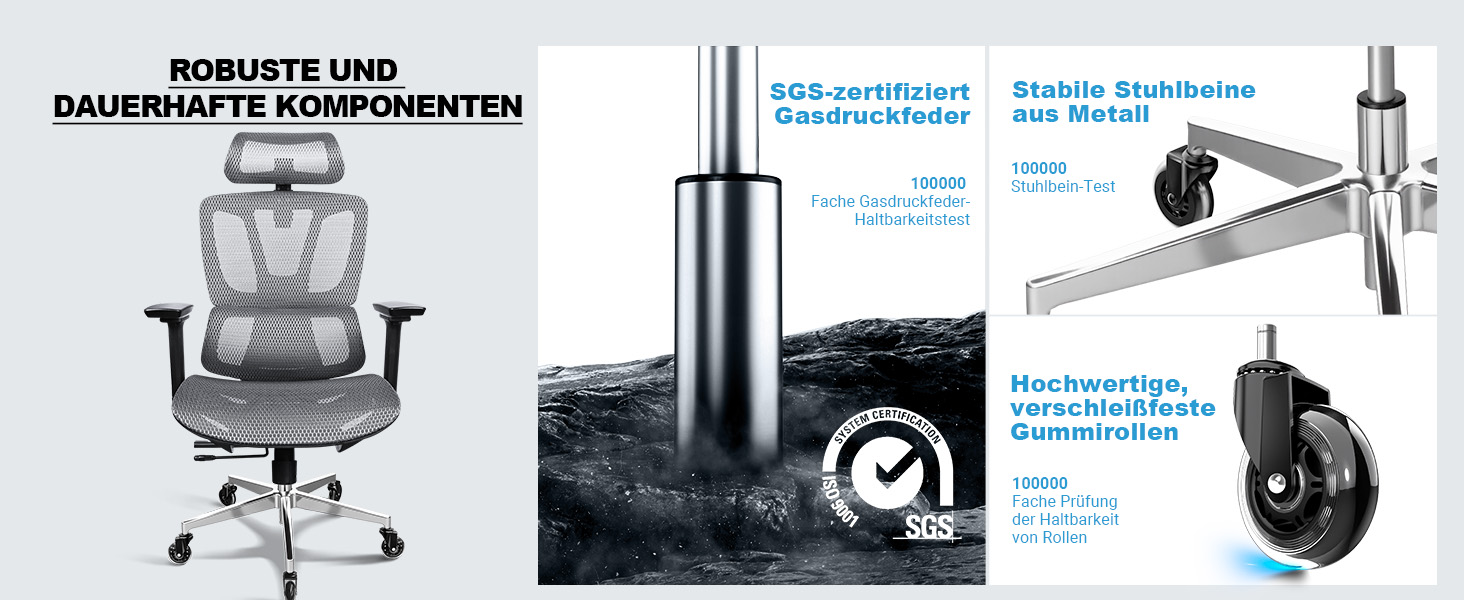 Ергономічне крісло для офісу та дому, 4D підлокітники, регулювання глибини сидіння, 4-рівневий нахил, гумові колеса, сітчасте сидіння, висока спинка, для великих людей, Homeoffice & Gaming (Сірий, сітчасте сидіння)