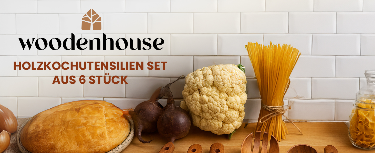 Дерев'яні лопатки для кухні - набір з 6 шт. з текового дерева (лопатки та лопатка для смаження) - натуральні, для антипригарного посуду, стійкі до високих температур