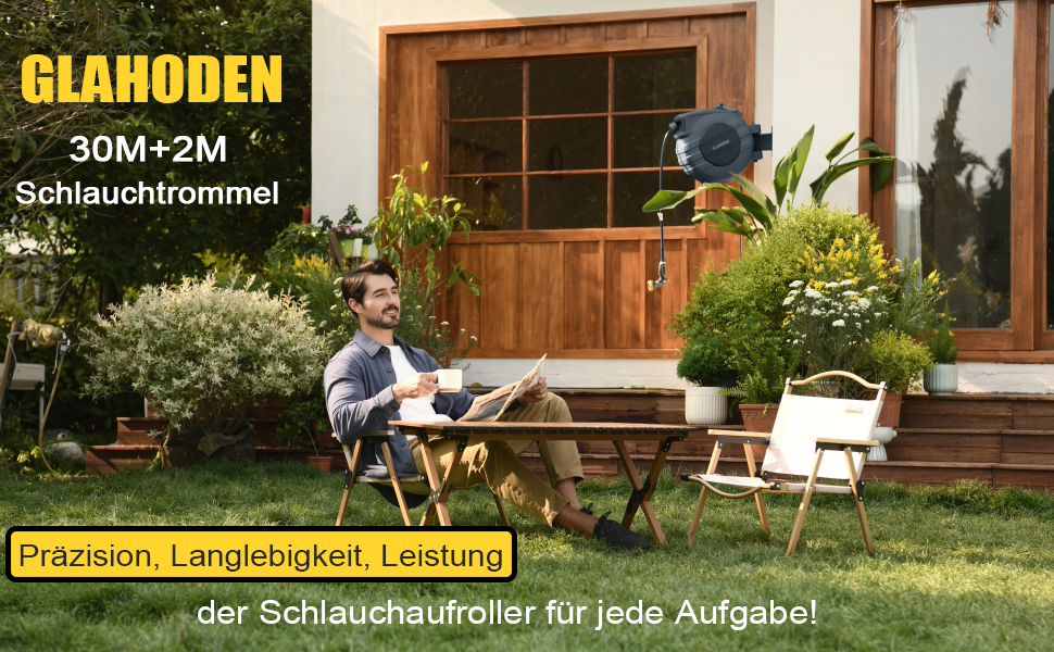 Шланговий барабан GLAHODEN з шлангом для саду 40 м + 2 м, стійкий до сонця та морозу, поворотний на 180°, настінна шланговий бокс з 9-функціональною розпилювальною насадкою (30 м)