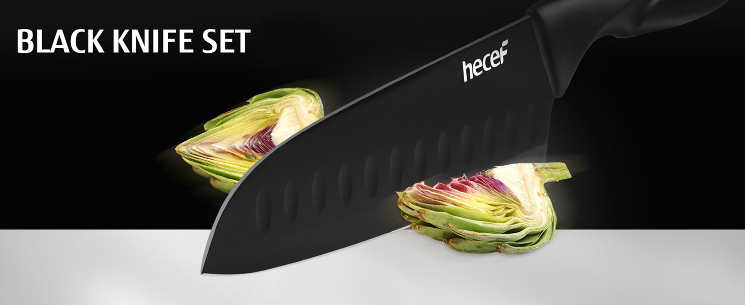 Набір кухонних ножів Hecef 15 предметів з бруском, чорний, з антипригарним покриттям, можна мити в посудомийній машині, самозаточуваний брусок, ергономічні ручки, кухонний набір ножів для початківців та кулінарів-ентузіастів