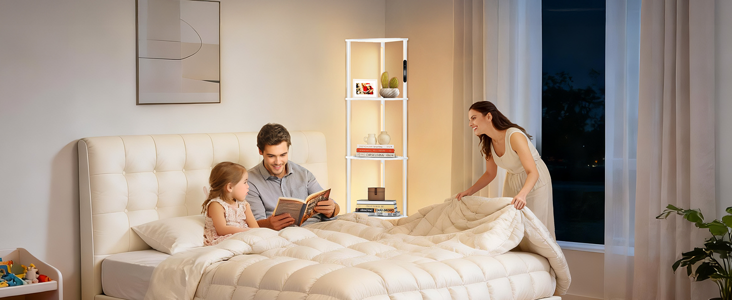 LED торшер з полицею, 3 режими світла, димування (сенсор/пульт), кутова полиця 5-рівнів, вузький книжковий стелаж для вітальні, спальні, офісу (білий)