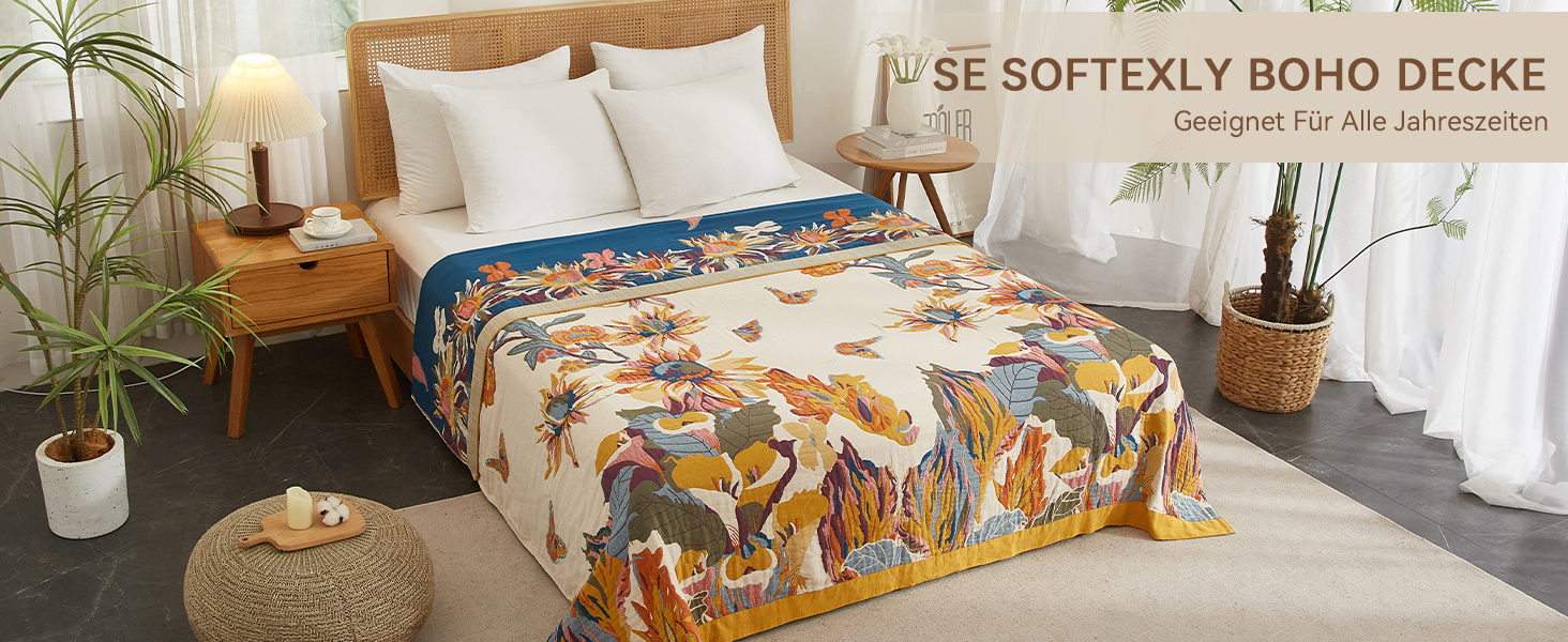 Богемна ковдра Boho Decke 100% бавовна – двостороння муслінова ковдра 150x200 см, м'яка ковдра для дивана та покривало для ліжка, естетичний дизайн, ідеально для вітальні та спальні, помаранчевий/зелений 150 x 200 см, Sommertanz