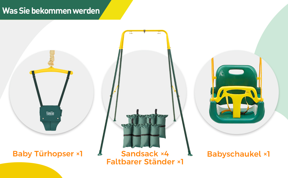 FUNLIO Набір 2-в-1: гойдалка та дверний батут для малюків. Гойдалка для дітей з 4 мішками з піском, складаний металевий стійка для використання в приміщенні та на вулиці, легко збирається та зберігається. (Зелений)