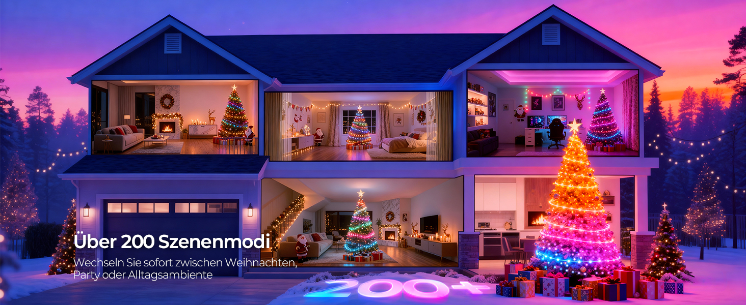 Розумна світлодіодна гірлянда YAYZA! для ялинки 20м, 200 LED RGB (16 млн кольорів), керування через App та пульт, водонепроникна IP44 для дому та вулиці