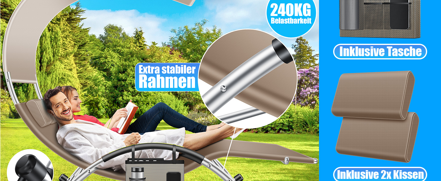 Кесер® Подвійна шезлонг для відпочинку з сонцезахисним дахом, подушкою для голови та кишенею для 2 осіб, чорний