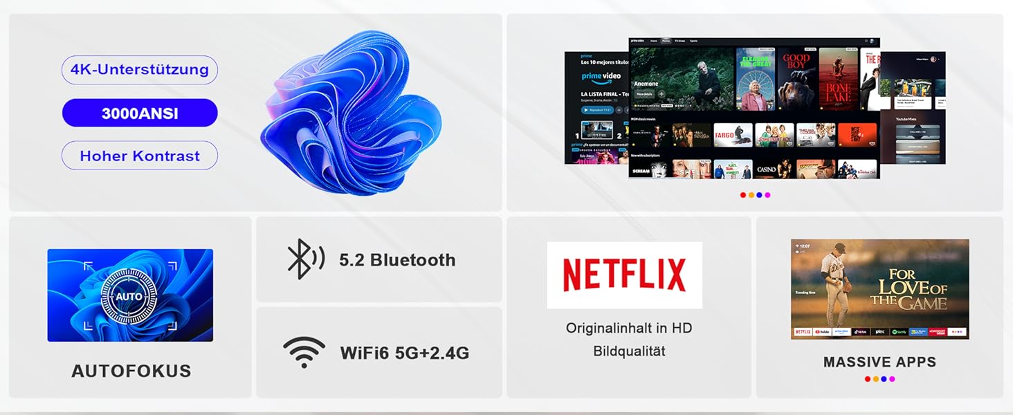 4K Smart Beamer VISSPL 30000 люмен: Проектор для дому та вулиці з Dolby Audio, автофокусом, WiFi 6, Bluetooth, 3D та підставкою