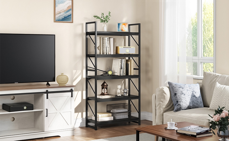 Стильна полиця YITAHOME з 5 ярусами, чорна, 80 x 30 x 158 см | Полиця для книг, вітальня, офіс