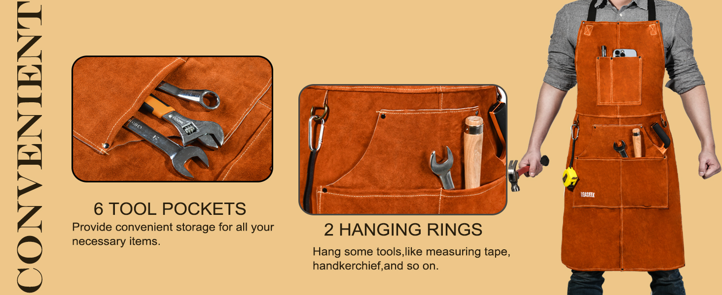 Шкіряний фартух зварювальника LeaSeek – термостійкий та вогнестійкий, з 6 кишенями, регульований, розмір M-XXXL (61x106 см)