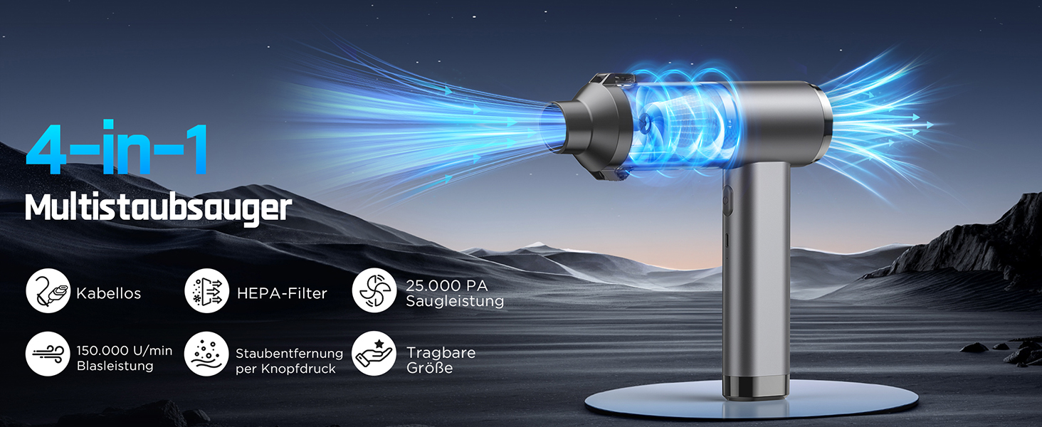 Акумуляторний ручний пилосос 4в1 Vac104, бездротовий автомобільний міні-пилосос 25000Па, безщітковий мотор 150000 об/хв, 6000mAh, для авто, дому та офісу