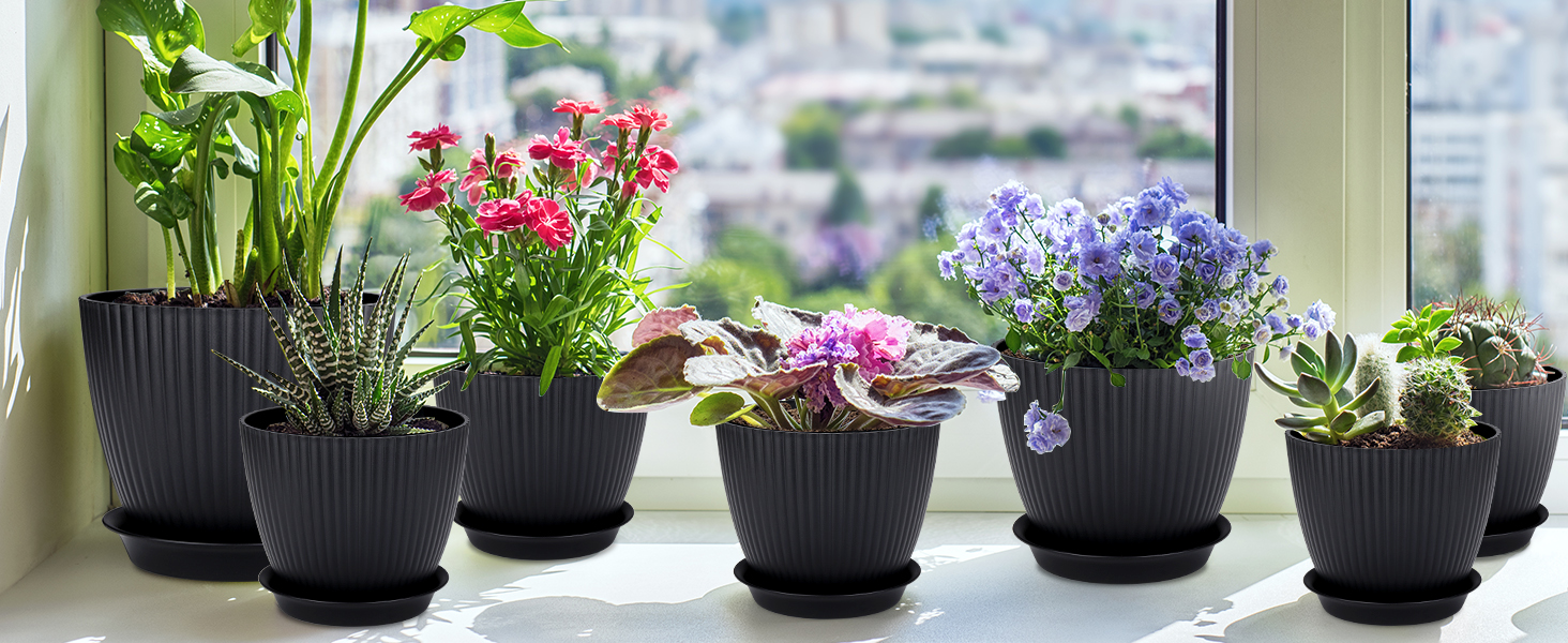 Набір горщиків для квітів з пластику, 8 шт. з отворами, круглі підставки, горщики для кактусів та трав, набір для офісу, балкону, саду, сукулентів, чорний