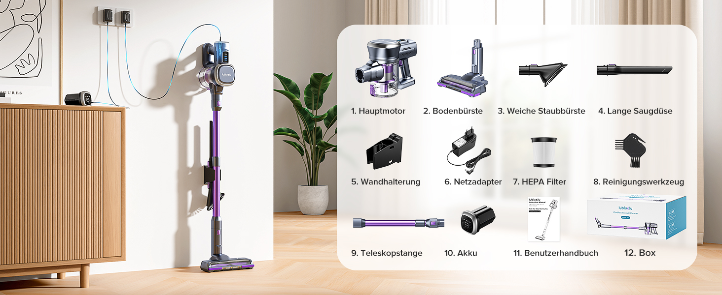 Акумуляторний пилосос Lubluelu бездротовий 25000 Па, портативний вертикальний та ручний пилосос для шерсті тварин, килимів та підлоги, фіолетовий