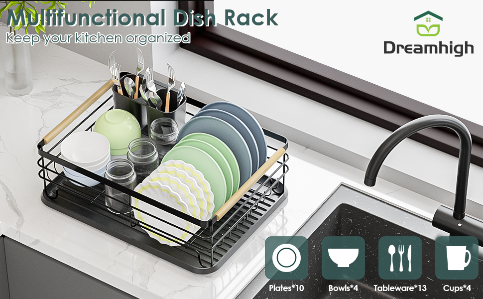 Сушарка для посуду Dreamhigh® з піддоном та контейнером для столових приборів, чорна, 43x30.5x14 см, для 3-5 осіб