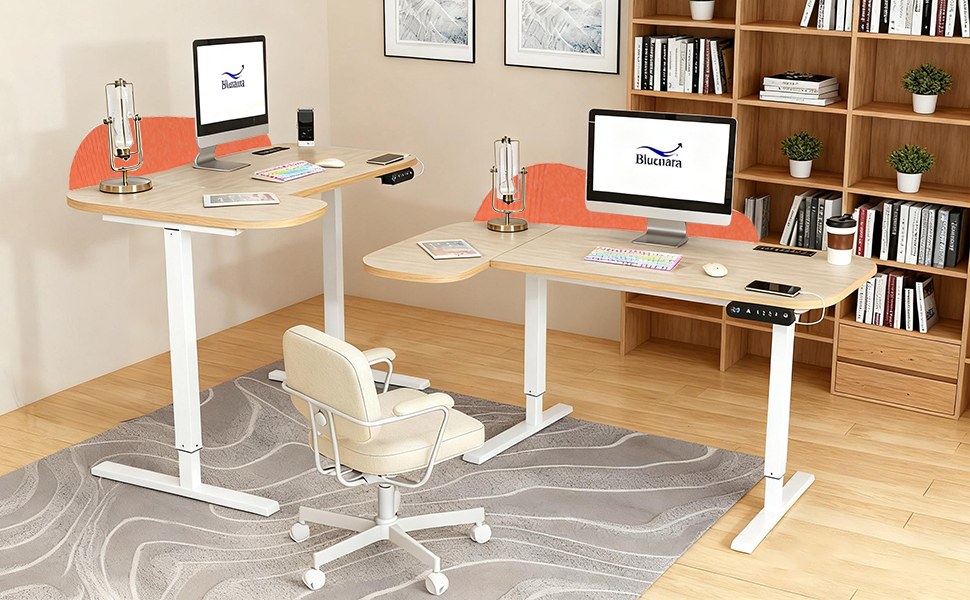 Електричний кутовий стіл з регулюванням висоти 150см, L-подібний, з 4-ма пам'ятями, з'єднувальною пластиною, для дому та офісу (150x68см, світло-коричневий-помаранчевий)