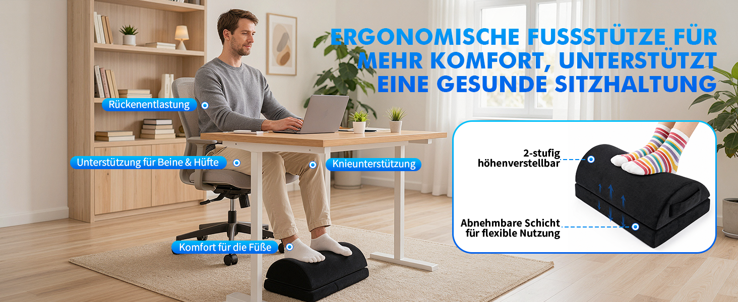 Ергономічна підставка для ніг з ефектом пам'яті (Memory Foam), регульована підставка під ноги великого розміру для офісу та дому