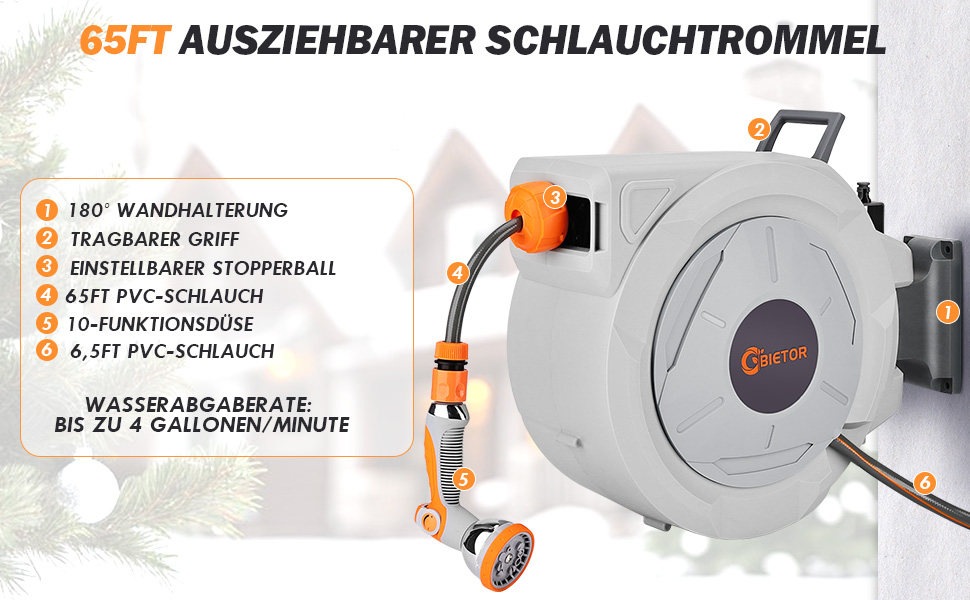 Висувна касетна система для садового шланга 20м + 2м з пістолетом, повільний зворотний механізм, фіксація будь-якої довжини, поворотна кріплення 180°