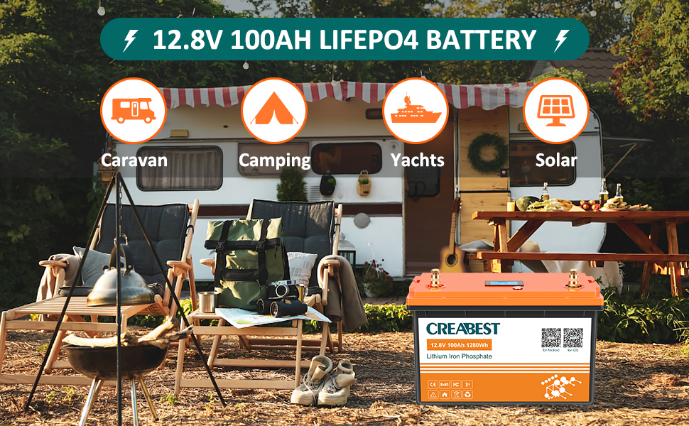 Акумулятор 12V 200Ah CREABEST LiFePO4, BMS, Bluetooth, глибокий цикл, 2560 Вт, для автофургону, сонячної системи, поза мережею