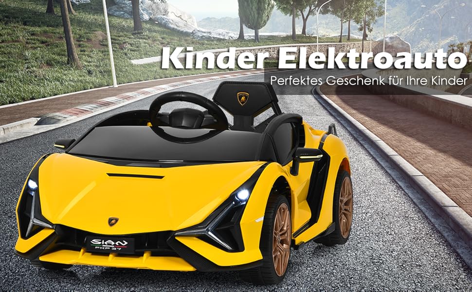 Дитячий електромобіль GOPLUS Lamborghini з пультом, Bluetooth, USB, музикою, для дітей 3-8 років, білий/жовтий