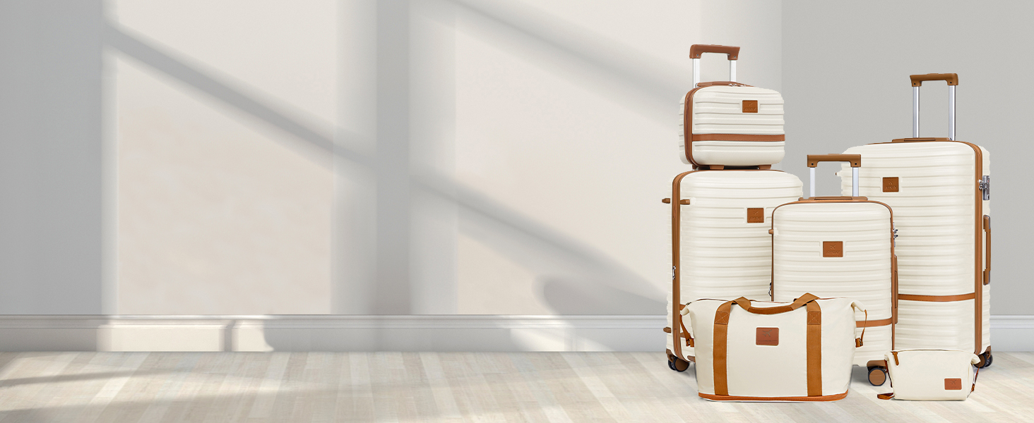 Набір дорожніх валіз Joyway 6 предметів, жорстка оболонка, з косметичкою, 4 колесами та TSA-замком, білий/коричневий