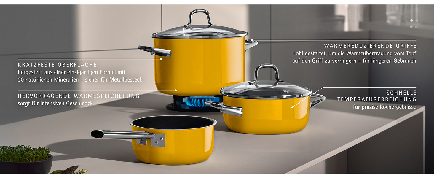 Набір каструль WMF Fusiontec Mineral Pro, 4 шт., індукційні, нержавіюча сталь, Mango Yellow, Made in Germany