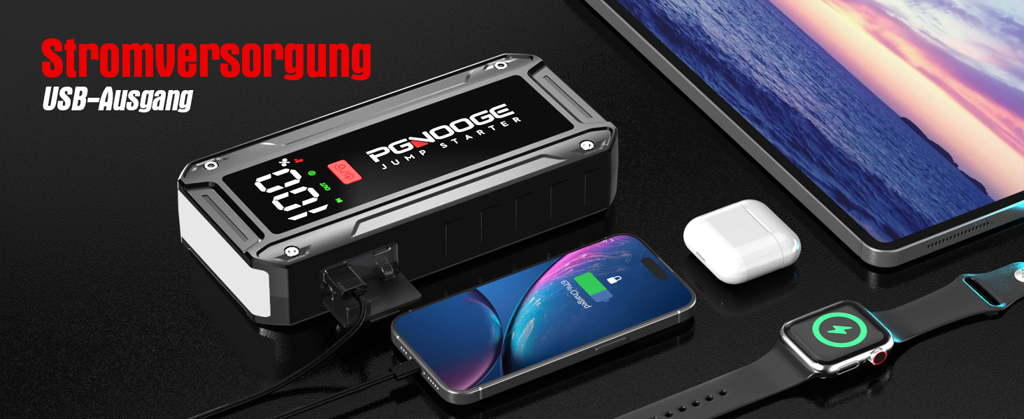 Бустер автомобільного акумулятора Starthilfe Powerbank 26800mAh 6000A з LED-ліхтарем та дисплеєм для авто, SUV, мотоциклів та газонокосарок, чорний