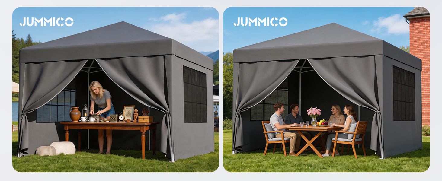 Павільйон садовий JUMMICO 3x3 м, водонепроникний, з бічними стінками, захист від сонця UV 50+, регульована висота, сірий