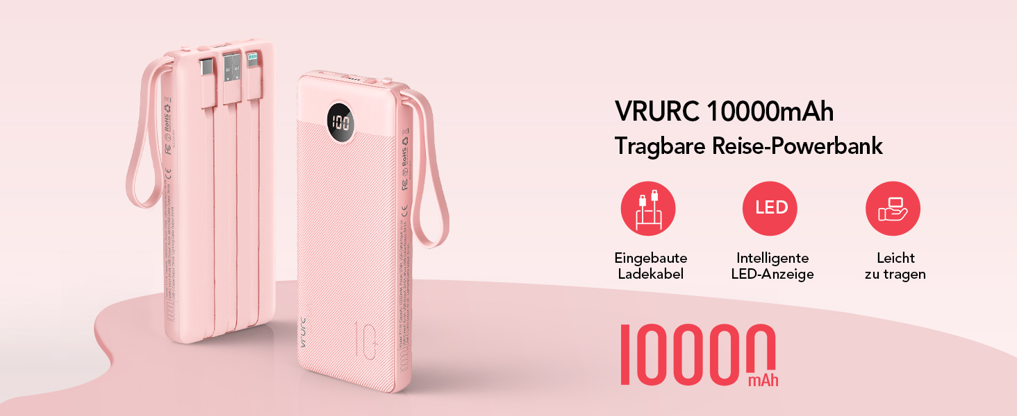 Повербанк VRURC 10000mAh з кабелем, LED-дисплей, 5 виходів, 2 входи, USB C, рожевий