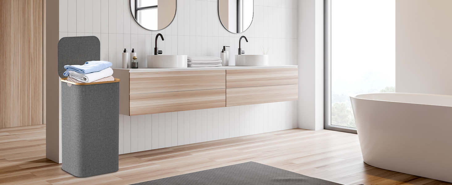 Кошик для білизни з кришкою 70л, вузький, з бамбуковими ручками та внутрішньою кишенею, складний, портативний, для пральні, йоги, темно-сірий 70л