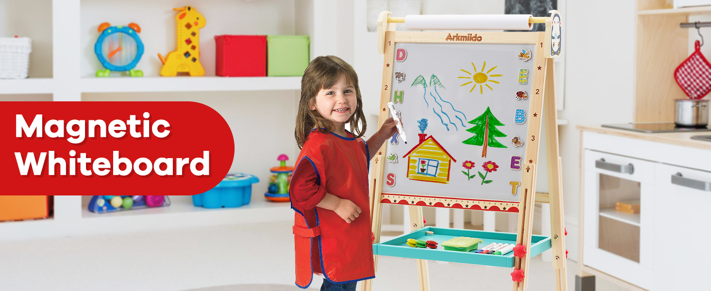 Дерев'яна іграшко-дошка Kinder Pinguin з рулоном паперу, двостороннє Whiteboard та дошка, стійка з аксесуарами для дітей та малюків