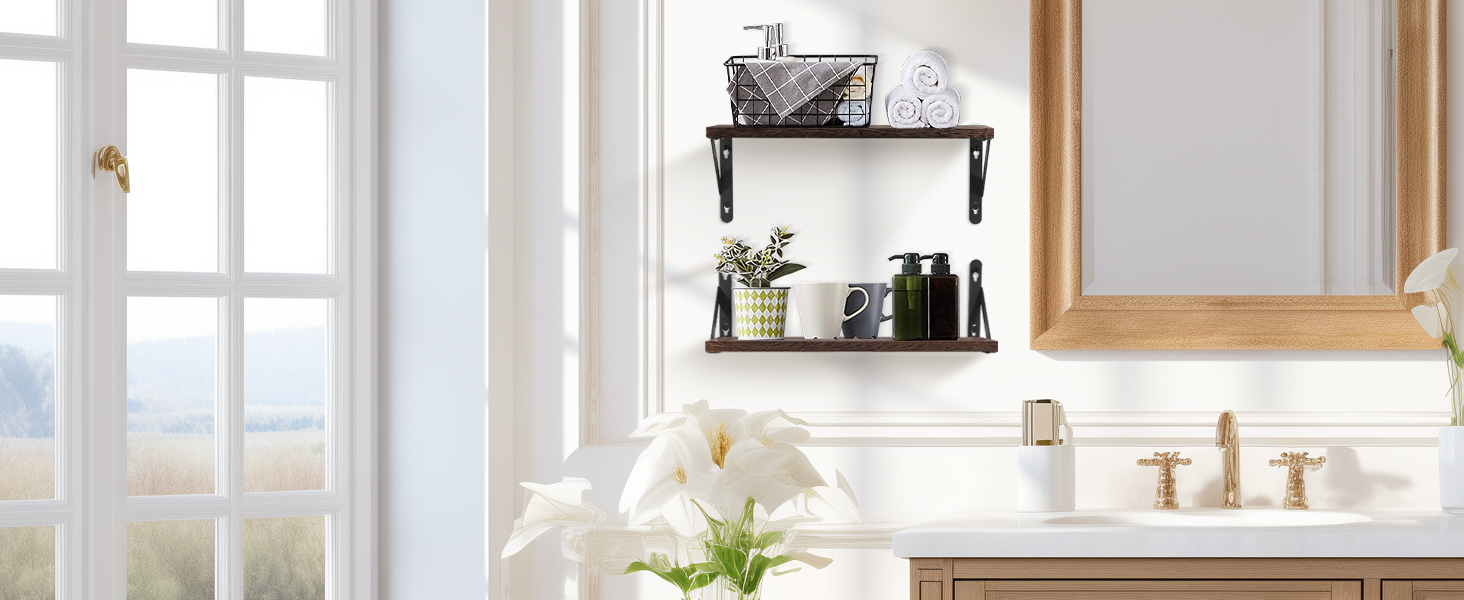 Настінна полиця з дерева Uten, рустикальна підвісна полиця з тримачем для рушників, 2 шт, темно-коричнева — для ванної, кухні, вітальні та спальні