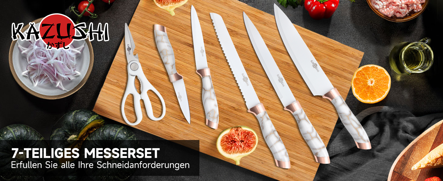 Набір кухонних ножів Messerblock Set: 7 предметів з нержавіючої сталі з дерев'яним блоком та точильним каменем. Професійний кухонний набір, подарунок.