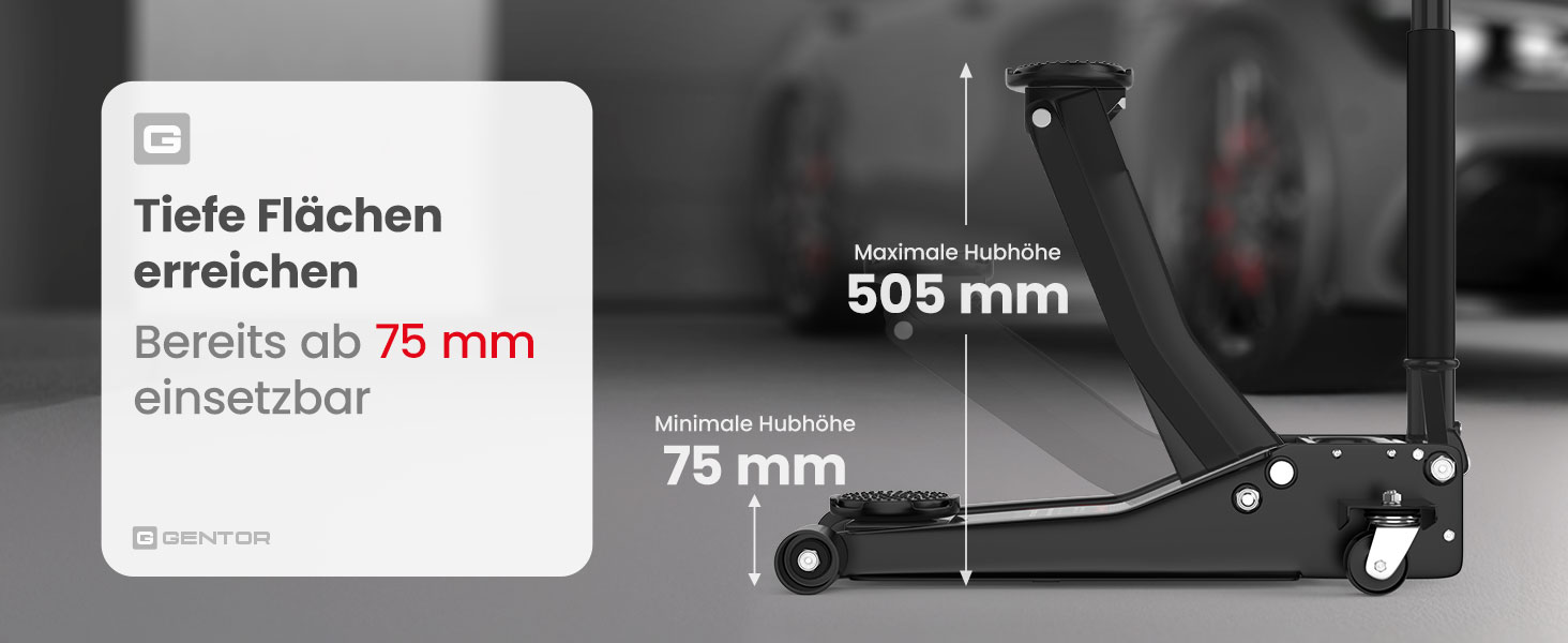 Гідравлічний домкрат 3T низькопрофільний 75-505мм з гумовими накладками для легкових авто та SUV – професійний, поворотний на 360° (Чорний)