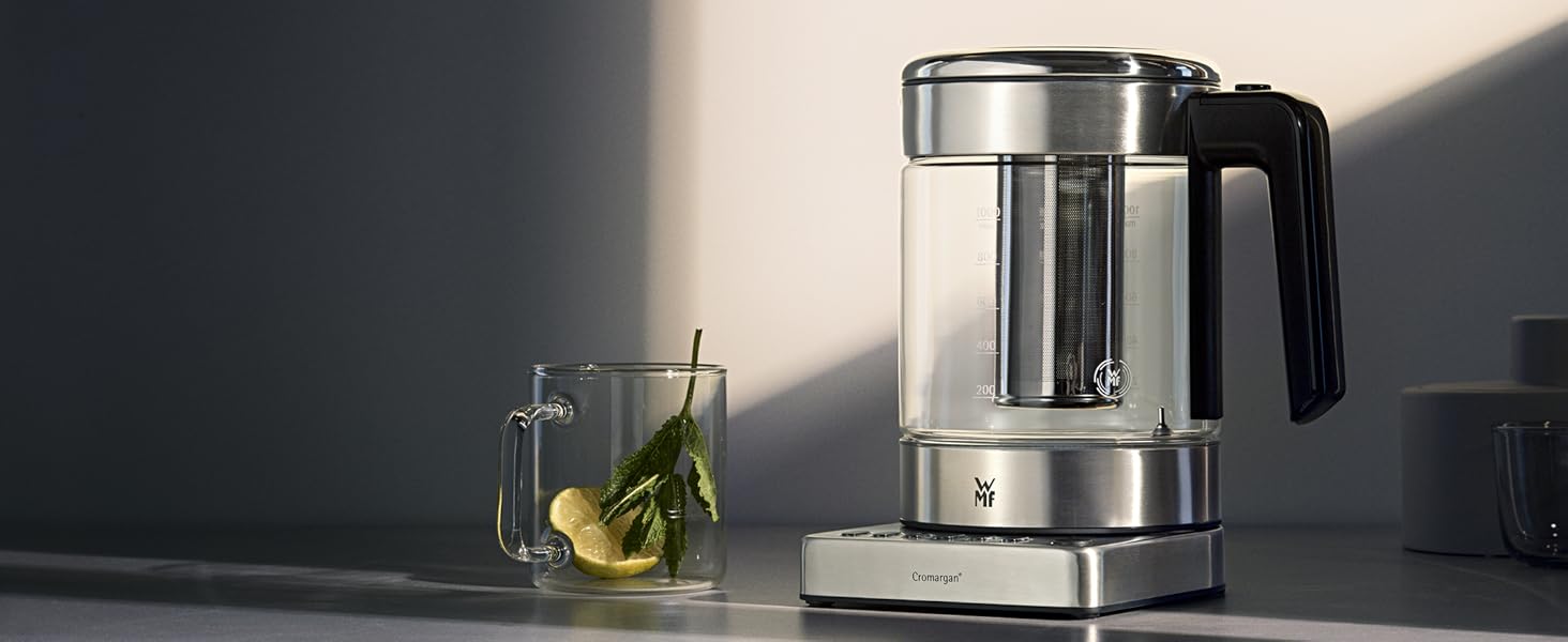 Електричний чайник-заварник WMF Küchenminis 2 в 1 з регулюванням температури, 1 л, 1900 Вт, скло, з тримачем для чайних пакетиків та ситом