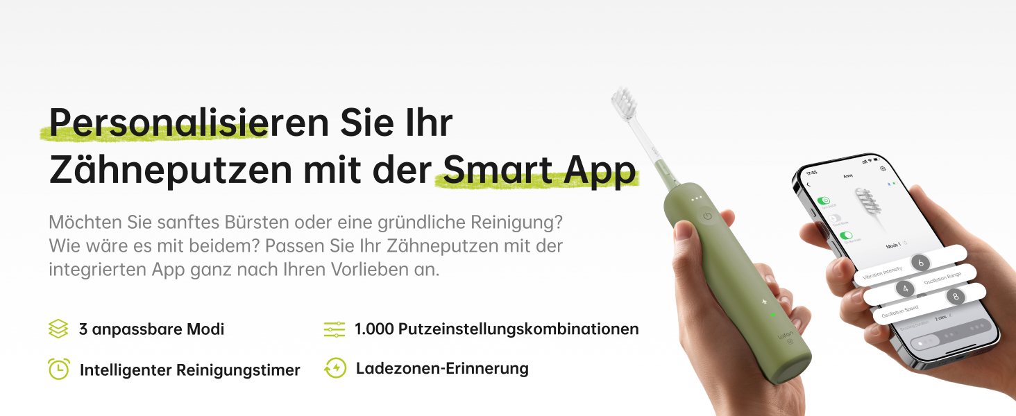 Laifen Wave Spezial: Електрична звукова зубна щітка з вібрацією та осциляцією, для дорослих, з додатком, 2 насадки (зелена)