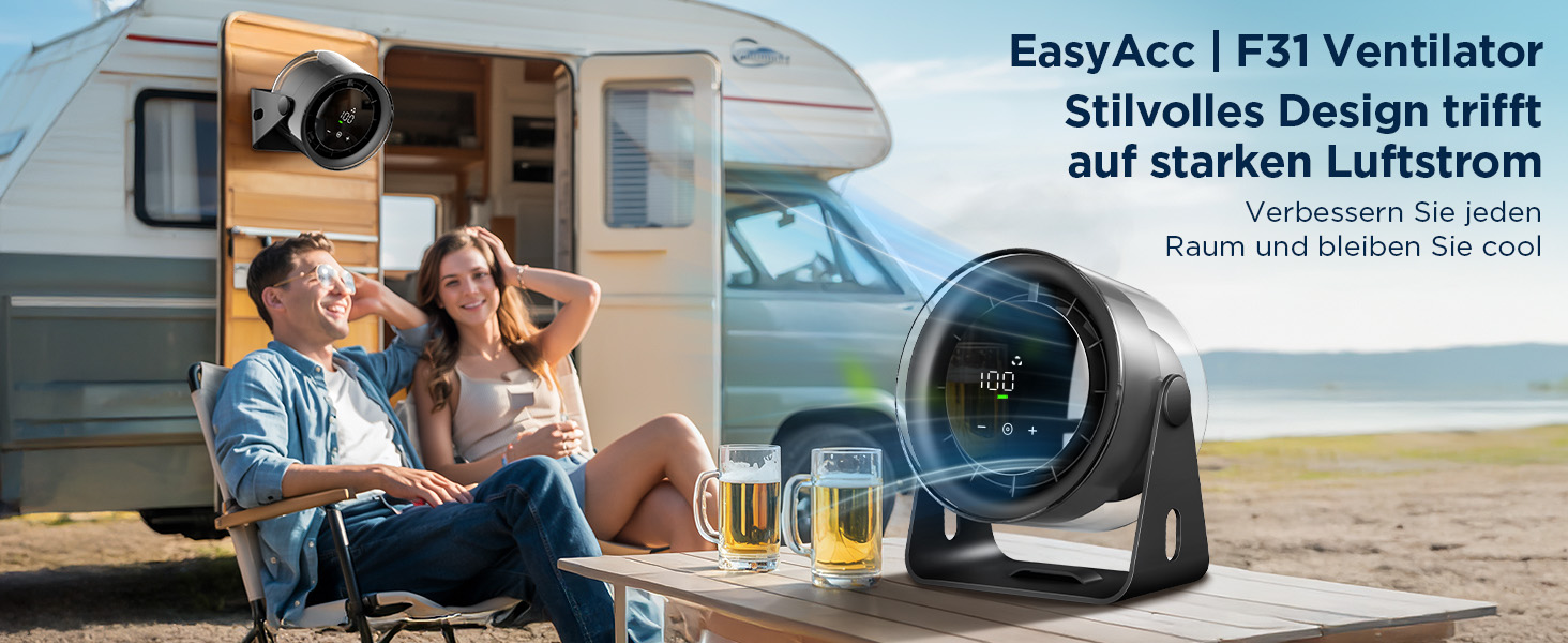 EasyAcc Портативний вентилятор 6000mAh з акумулятором, турбовентилятор, циркулятор повітря 100 швидкостей, до 21 години роботи, LED-дисплей, для кемпінгу, подорожей, офісу - Чорний