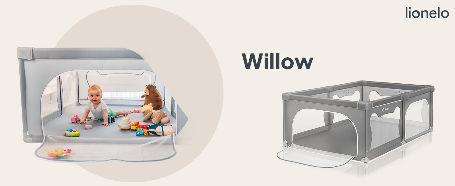 Дитячий манеж Lionelo Willow сірого кольору 120x180x68 см з сіткою, для дітей 0-48 місяців