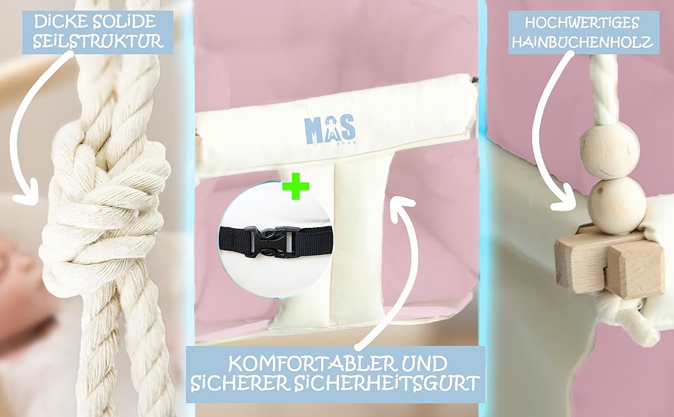 Дитяча гойдалка для дому та саду з бука, рожева. Максимальне навантаження 25 кг. Комплект кріплення