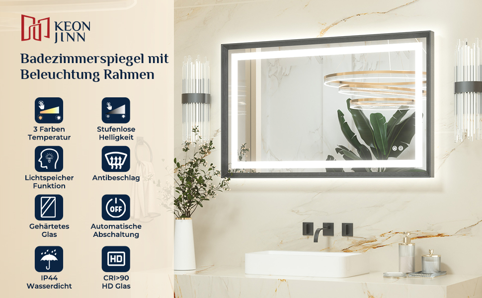 Дзеркало для ванної кімнати Keonjinn з підсвічуванням, металевий каркас 50x70 см, антизапар, LED, сенсорне керування, 3 кольори світла, диммування, пам'ять, настінне дзеркало (Чорний, 60 x 100 см)